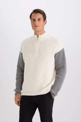 Relax Fit Color Block Stand Collar Half Zipper Knitwear Sweater