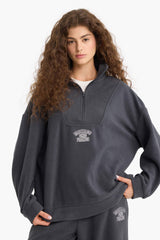 Oversize Wide Fit Stand Collar Zippered Printed Polar Fleece Sweatshirt