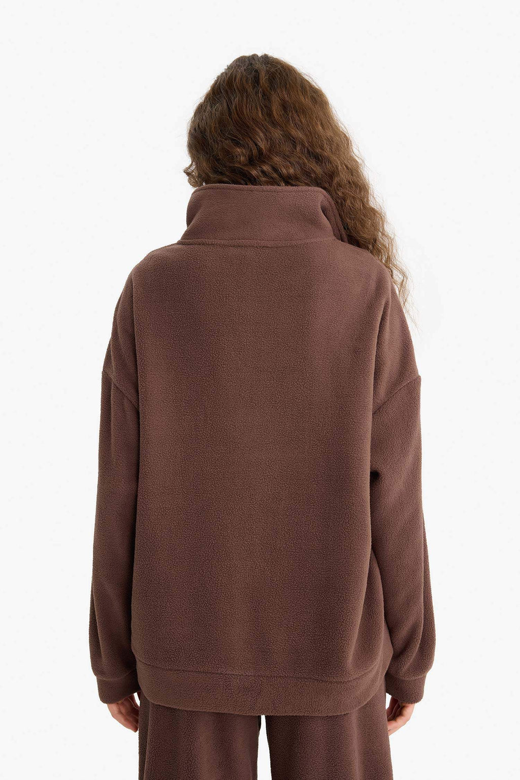 Oversize Wide Fit Stand Collar Zippered Printed Polar Fleece Sweatshirt