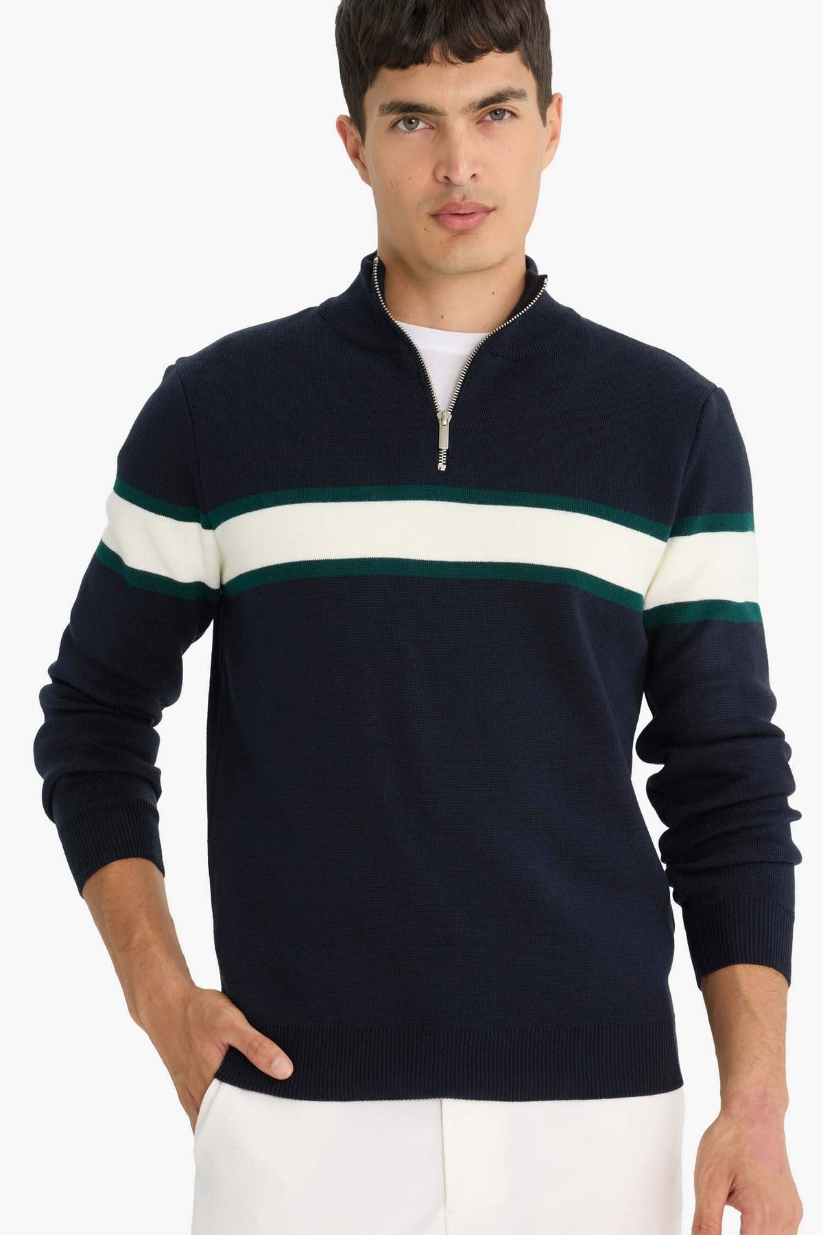 Standard Fit Stand Collar Zippered Color Block Knitwear Sweater