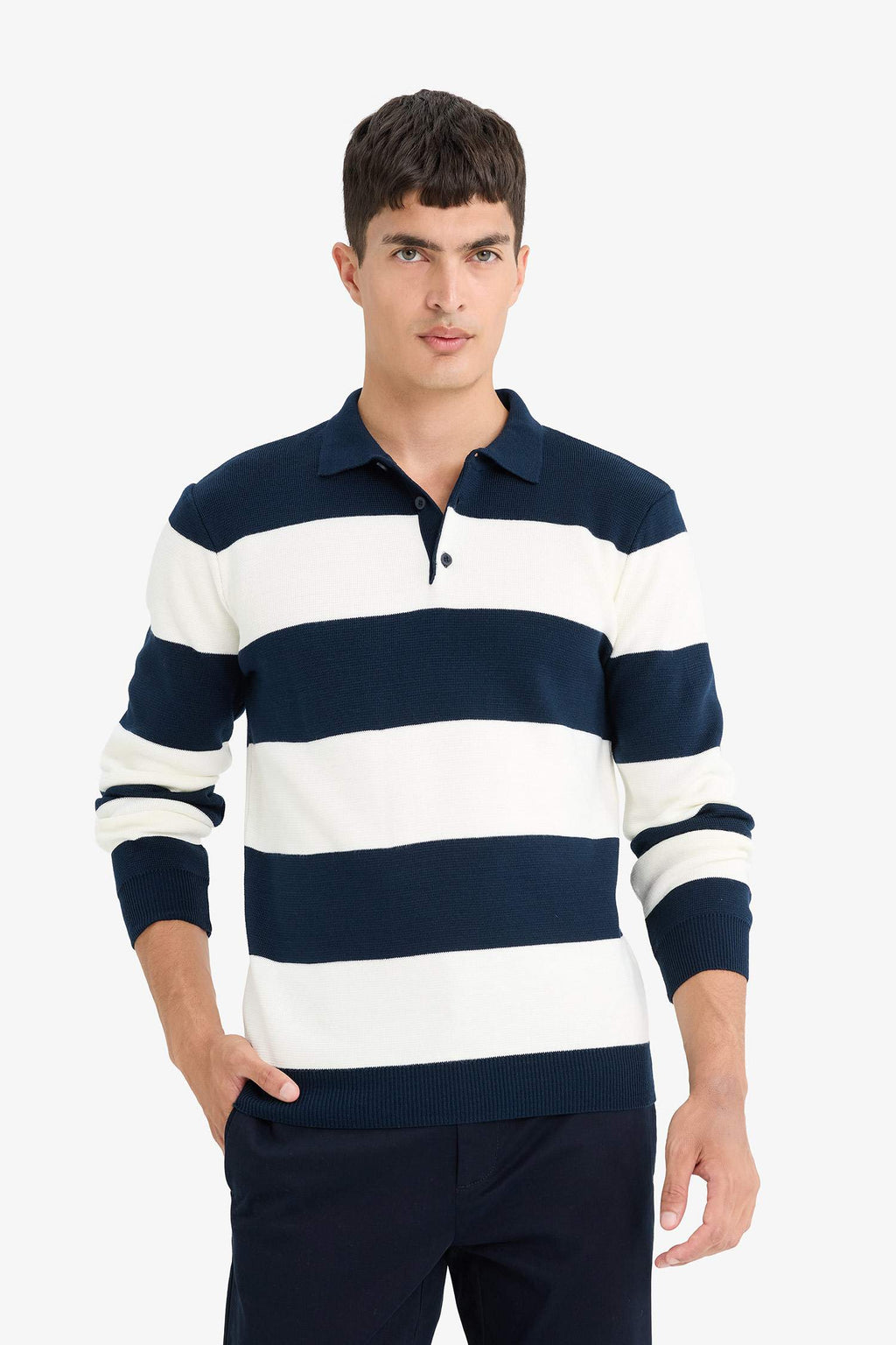 Standard Fit Polo Collar Buttoned Color Block Knit Sweater