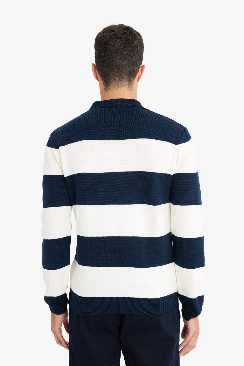 Standard Fit Polo Collar Buttoned Color Block Knit Sweater