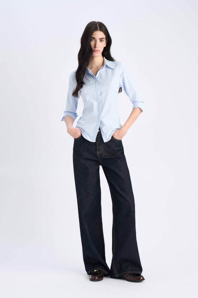 Fitted Basic Plain Bengalin Long-Sleeve Shirt Main Image