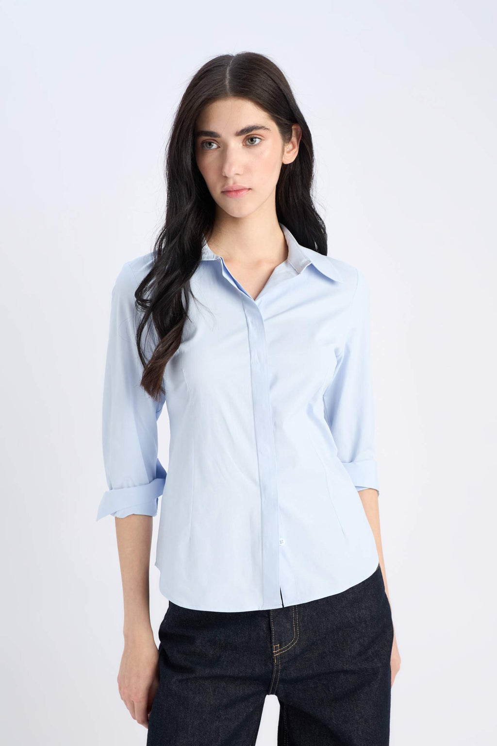 Fitted Basic Plain Bengalin Long-Sleeve Shirt