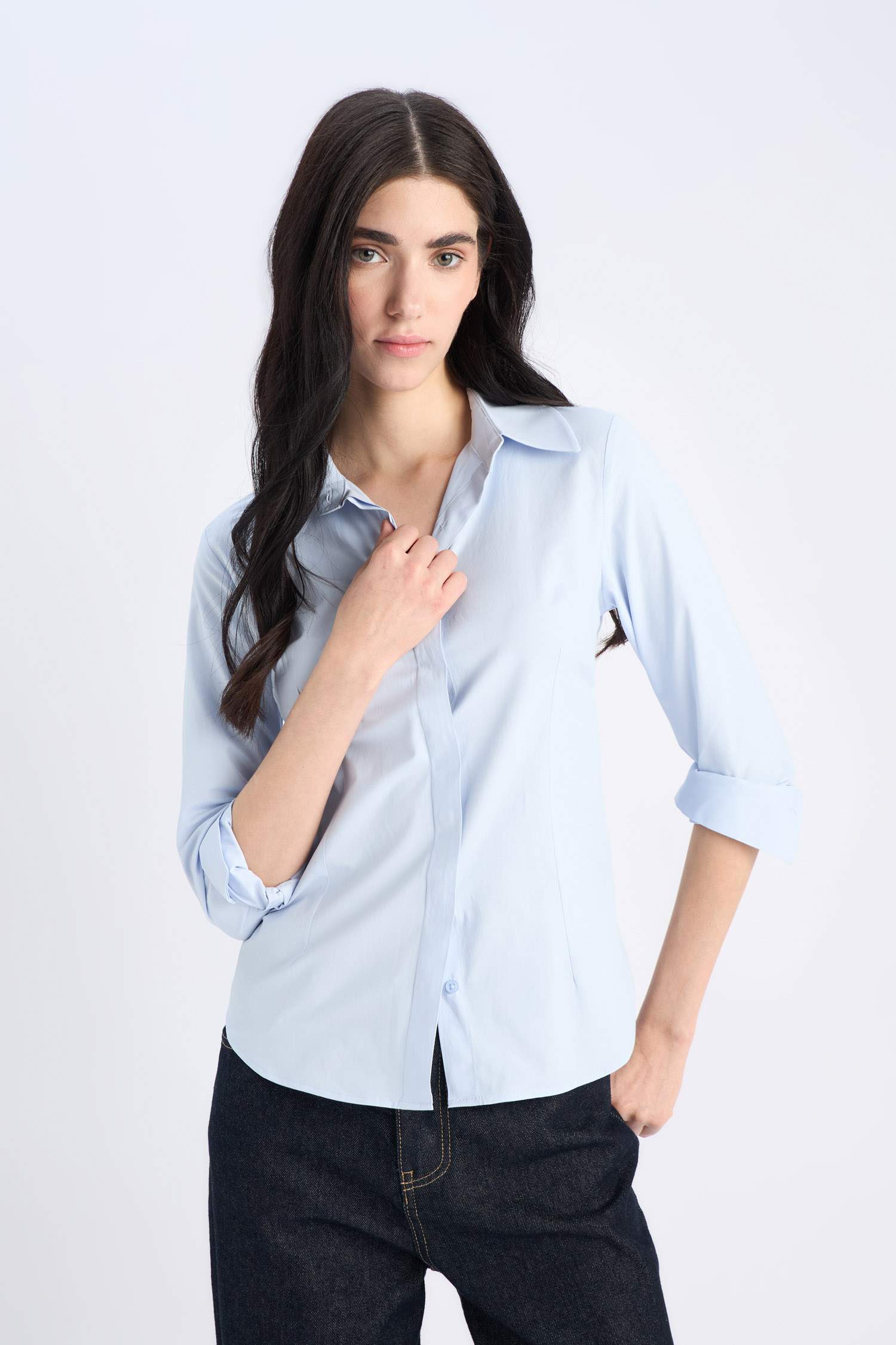 Fitted Basic Plain Bengalin Long-Sleeve Shirt