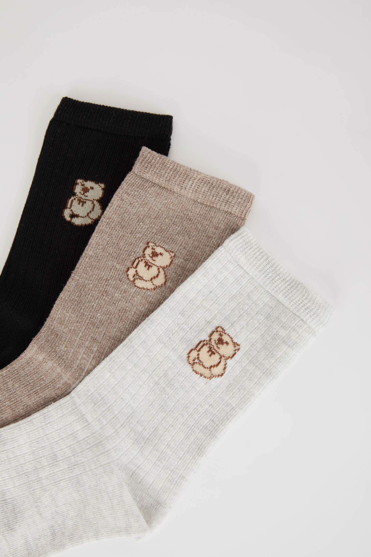 Women Teddy Bear Patterned 3-Pack Cotton Long Socks