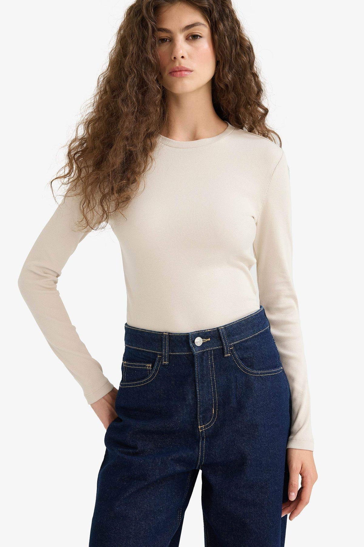 Fitted Crew Neck Ribbed Camisole Long Sleeve T-Shirt