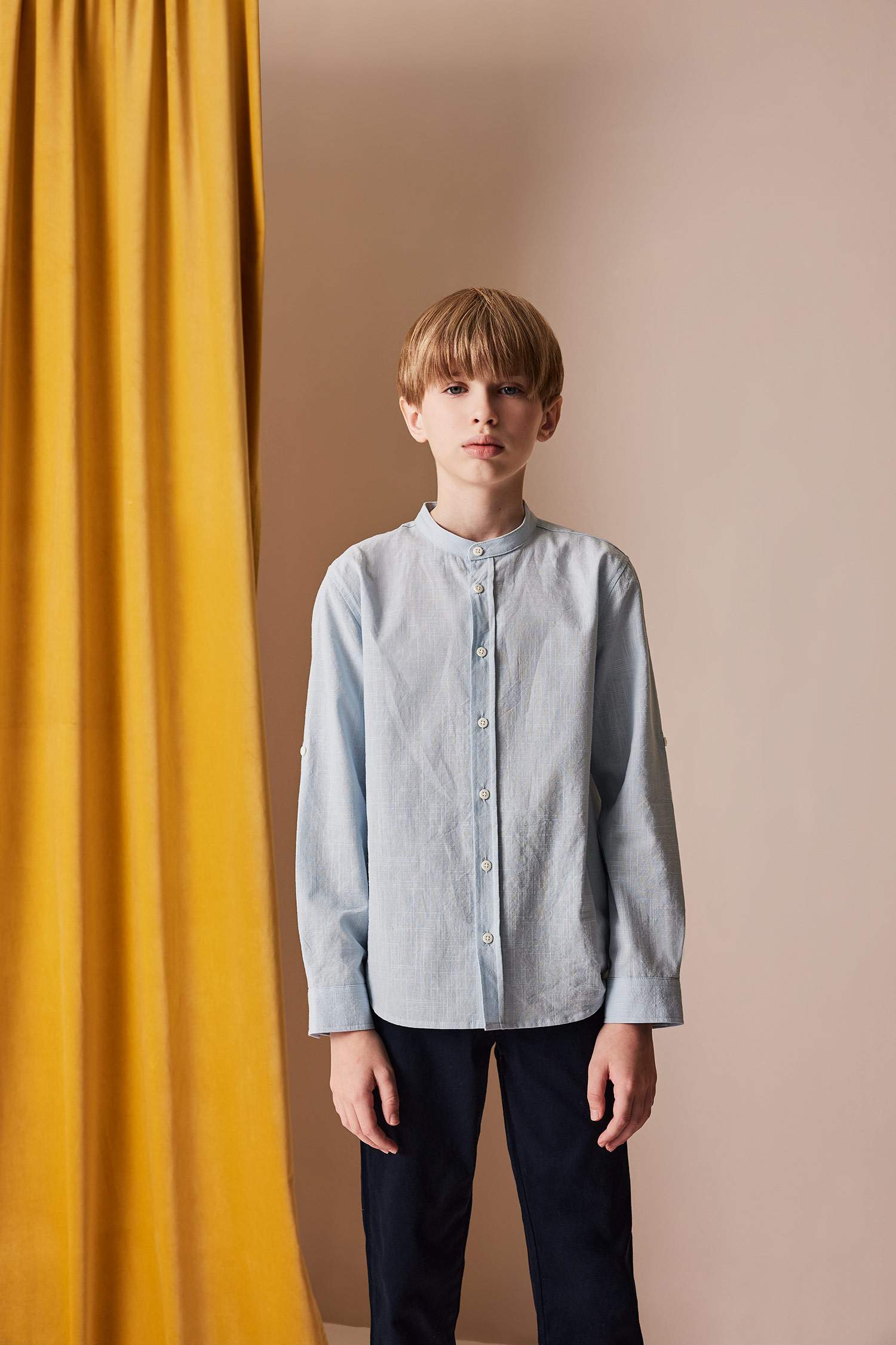 Boys 23 April Children's Day Upright Collar Linen Look Long Sleeve Basic Plain Shirt