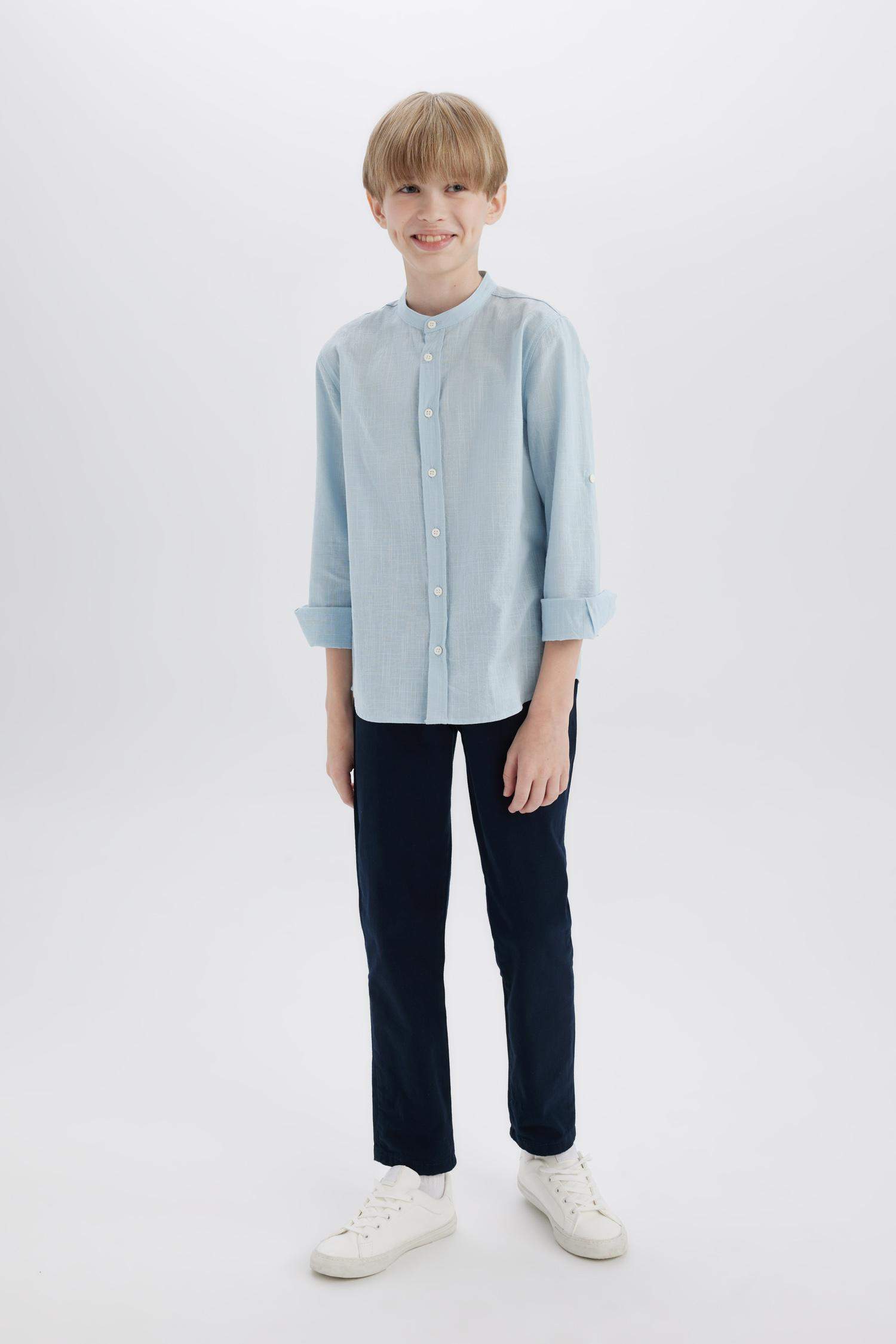 Boys 23 April Children's Day Upright Collar Linen Look Long Sleeve Basic Plain Shirt