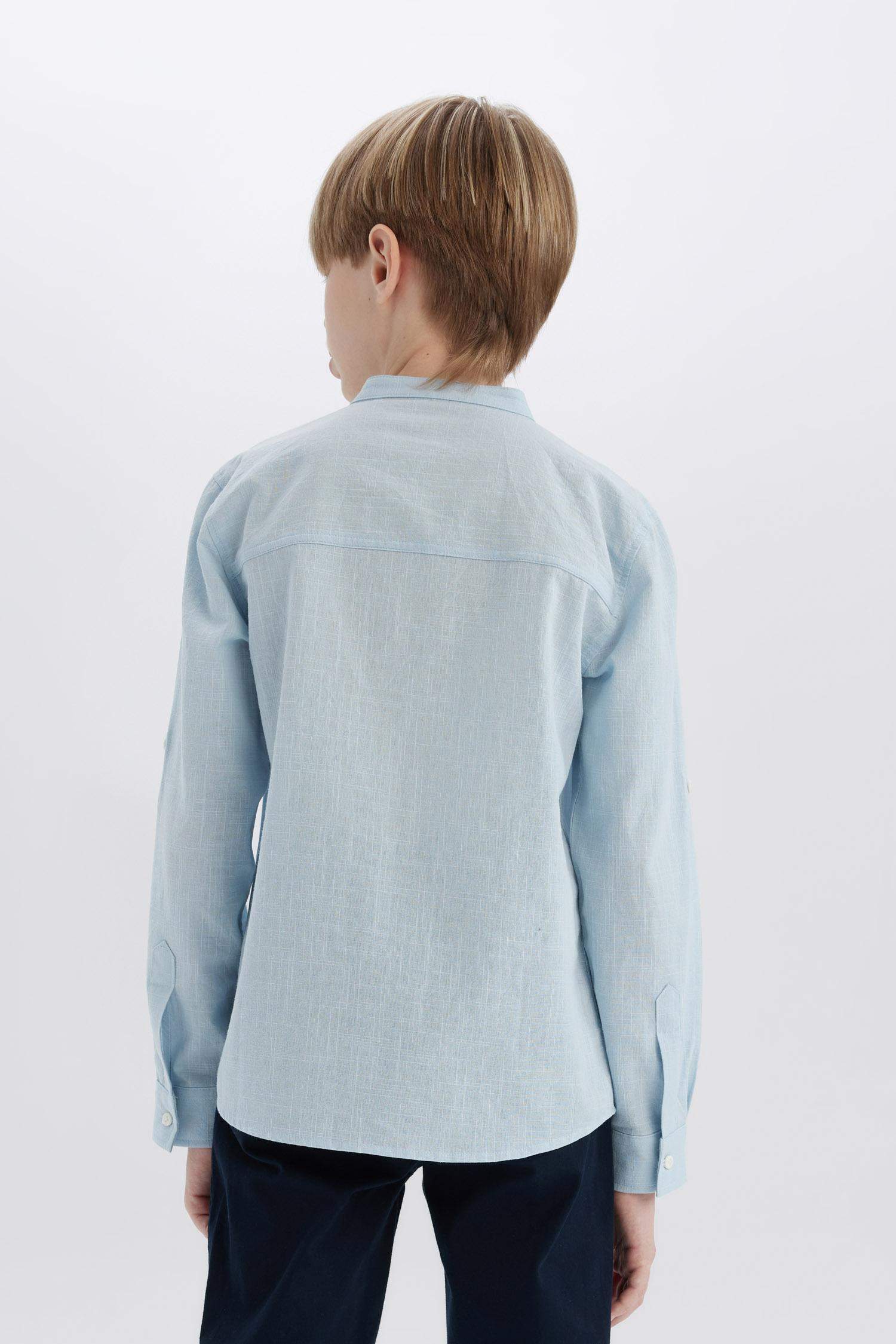 Boys 23 April Children's Day Upright Collar Linen Look Long Sleeve Basic Plain Shirt
