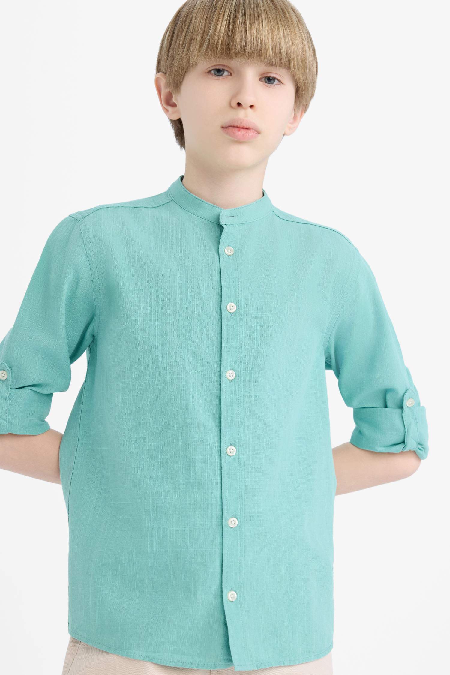 Boys 23 April Children's Day Upright Collar Linen Look Long Sleeve Basic Plain Shirt