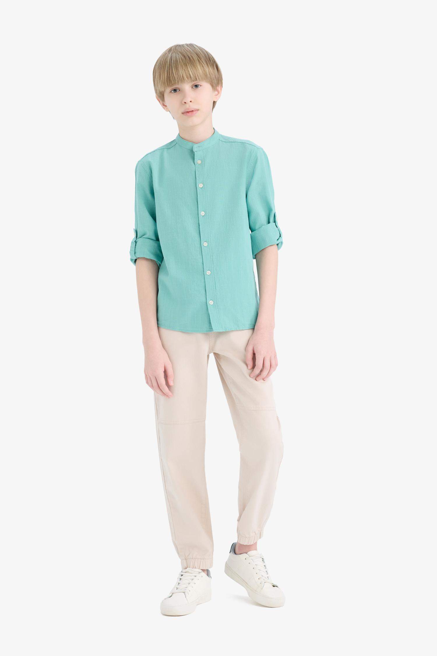 Boys 23 April Children's Day Upright Collar Linen Look Long Sleeve Basic Plain Shirt