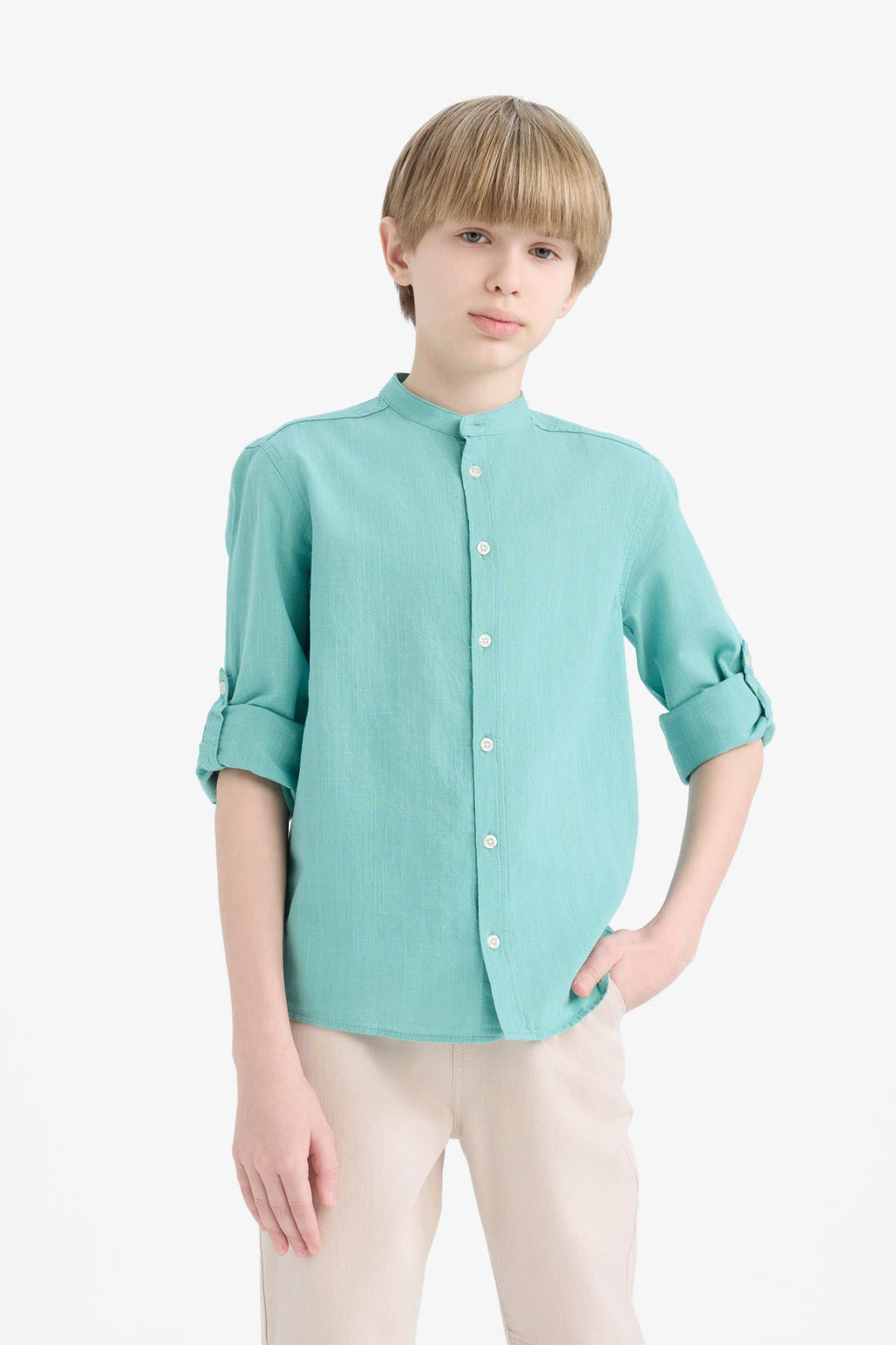 Boys 23 April Children's Day Upright Collar Linen Look Long Sleeve Basic Plain Shirt