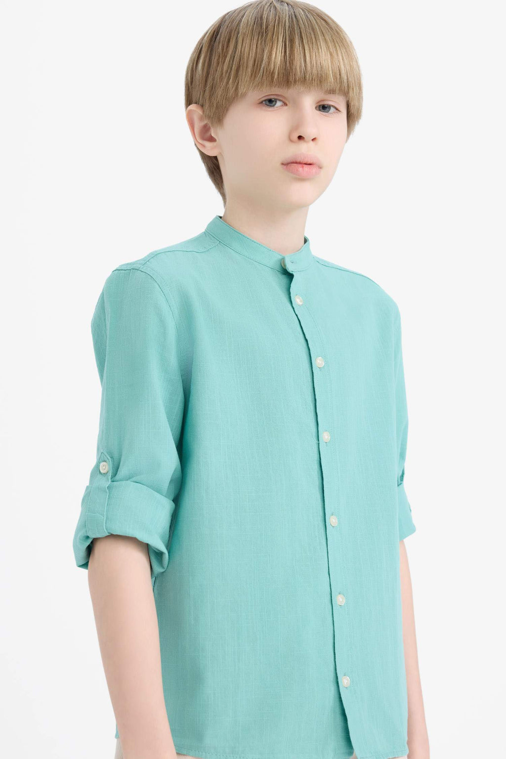 Boys 23 April Children's Day Upright Collar Linen Look Long Sleeve Basic Plain Shirt