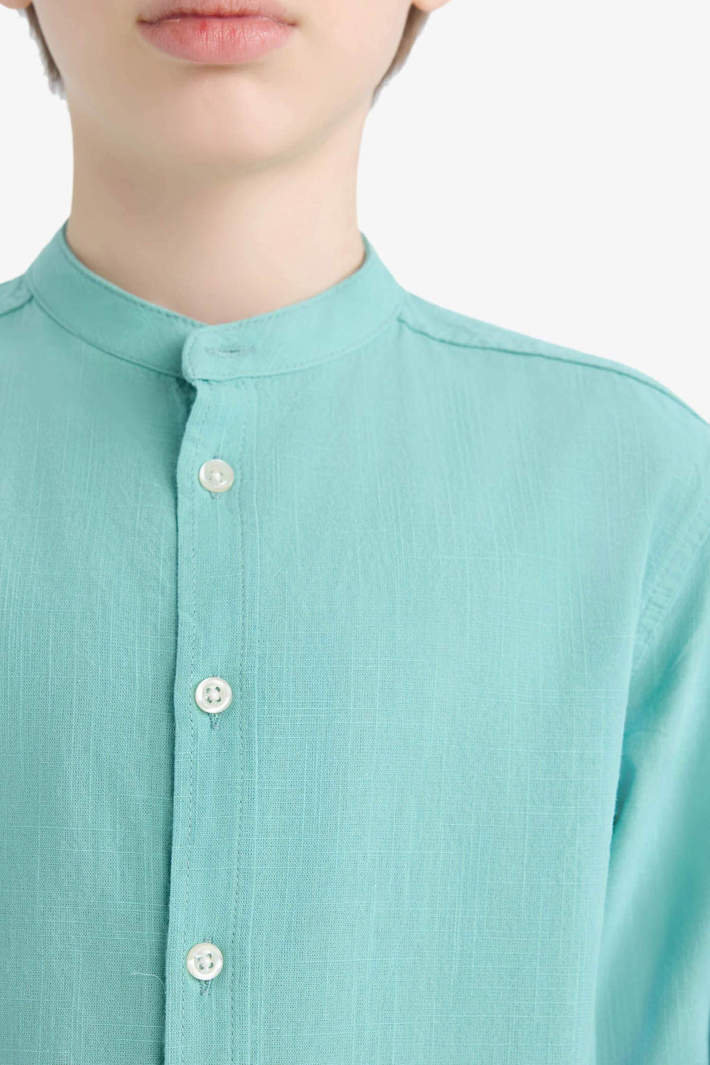 Boys 23 April Children's Day Upright Collar Linen Look Long Sleeve Basic Plain Shirt