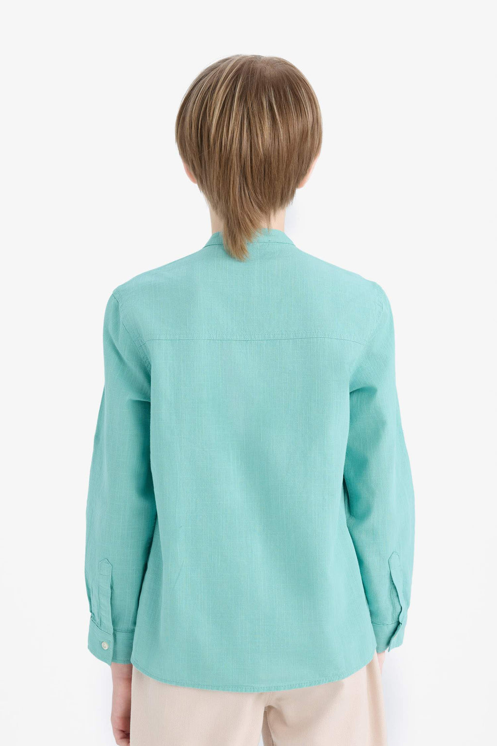 Boys 23 April Children's Day Upright Collar Linen Look Long Sleeve Basic Plain Shirt