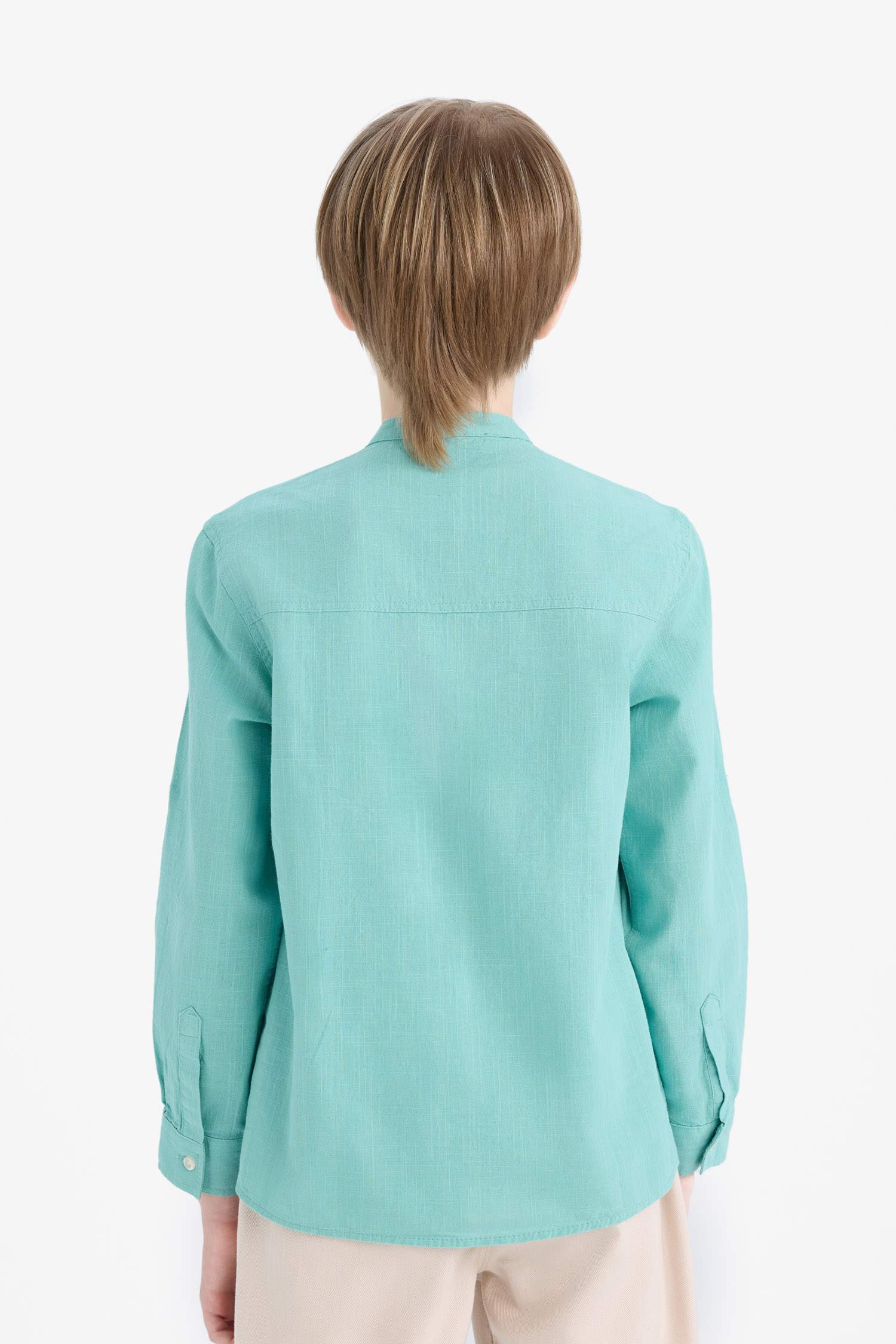 Boys 23 April Children's Day Upright Collar Linen Look Long Sleeve Basic Plain Shirt