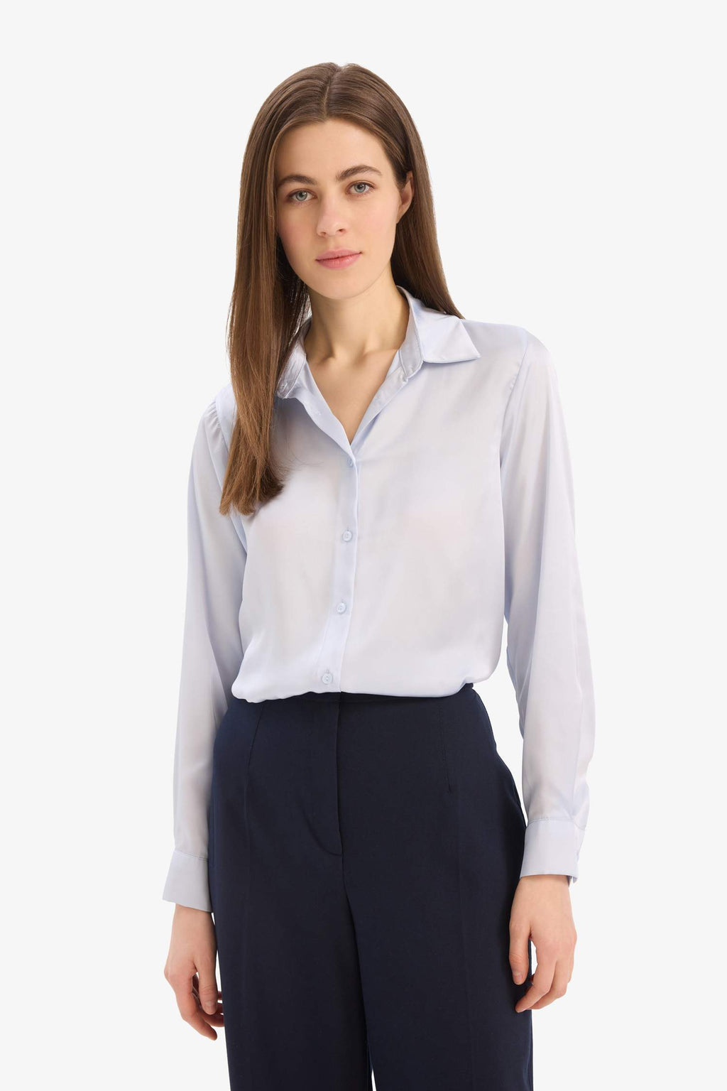 Regular Fit Shirt Collar Satin Long Sleeve Shirt