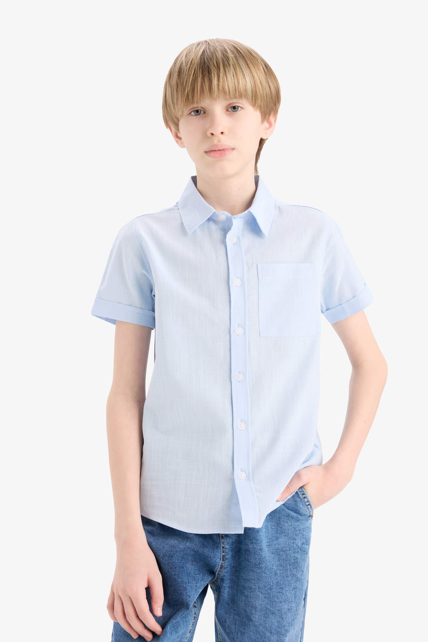 Basic Plain Short Sleeve Shirt With Men's Children Polo Collar Linen Look