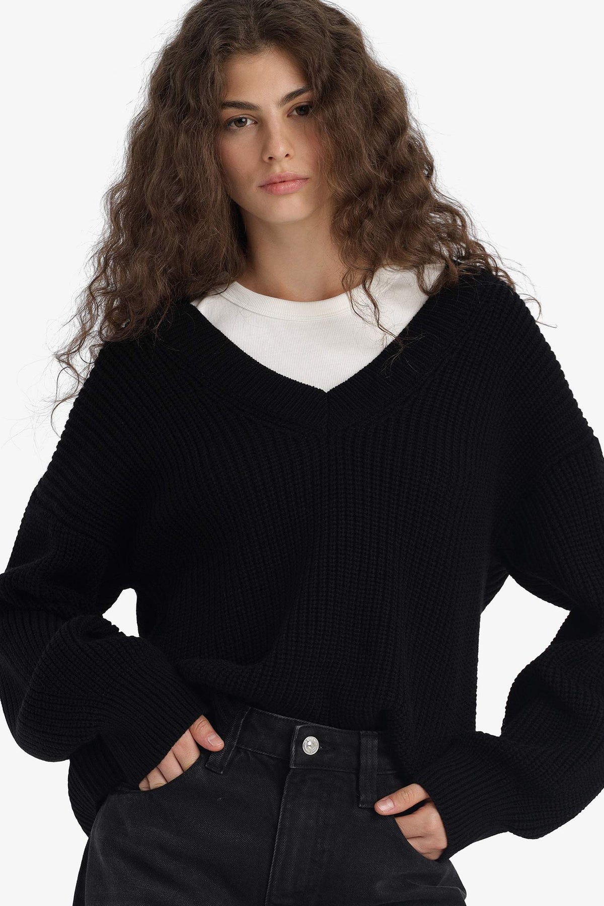 Oversize Wide Pattern V Neck Knitwear Sweater