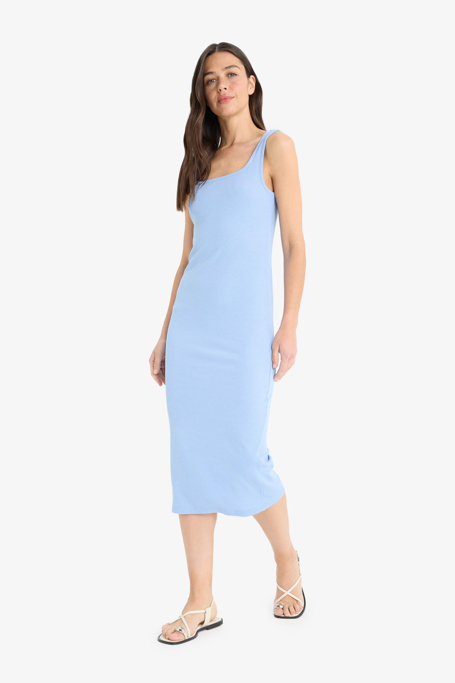 Bodycon Square Neck Basic Plain Ribbed Camisole Strappy Midi Black Summer Dress