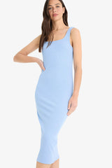 Bodycon Square Neck Basic Plain Ribbed Camisole Strappy Midi Black Summer Dress