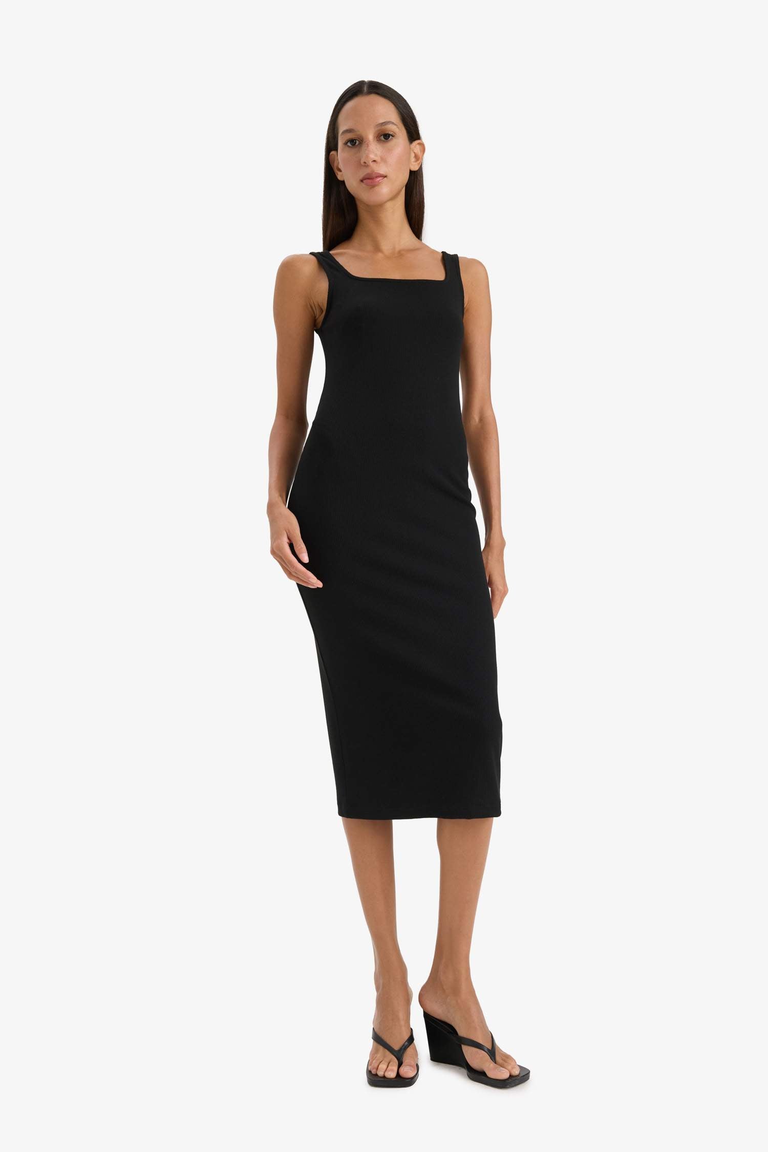Bodycon Square Neck Basic Plain Ribbed Camisole Strappy Midi Black Summer Dress