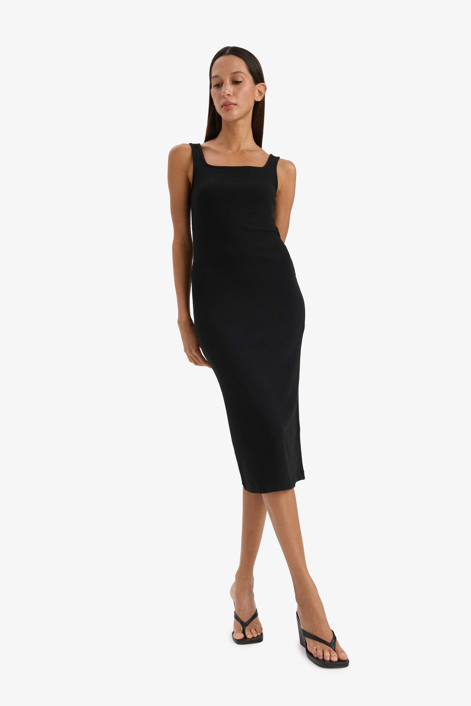 Bodycon Square Neck Basic Plain Ribbed Camisole Strappy Midi Black Summer Dress