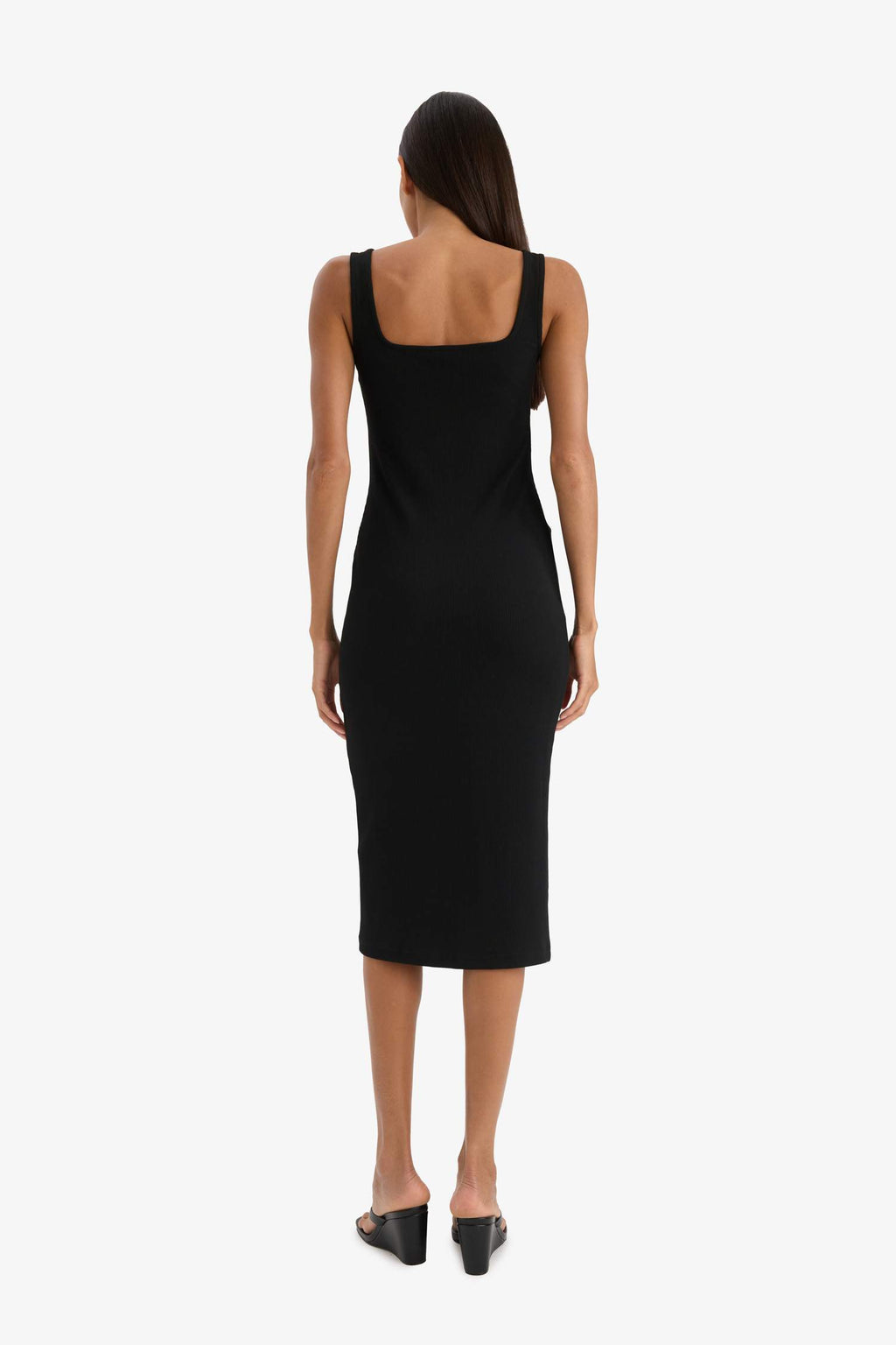 Bodycon Square Neck Basic Plain Ribbed Camisole Strappy Midi Black Summer Dress