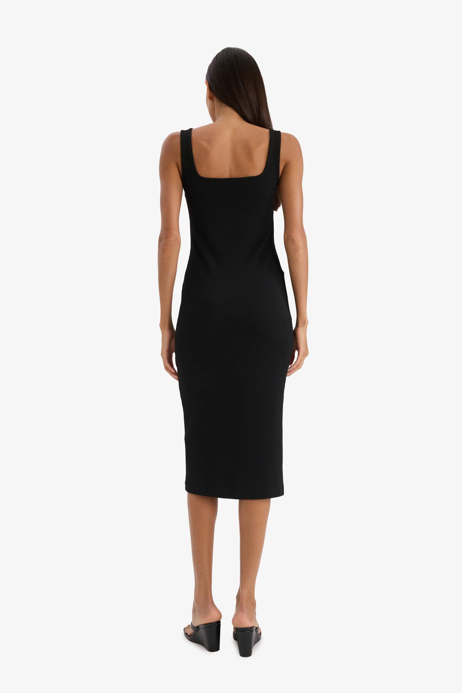 Bodycon Square Neck Basic Plain Ribbed Camisole Strappy Midi Black Summer Dress