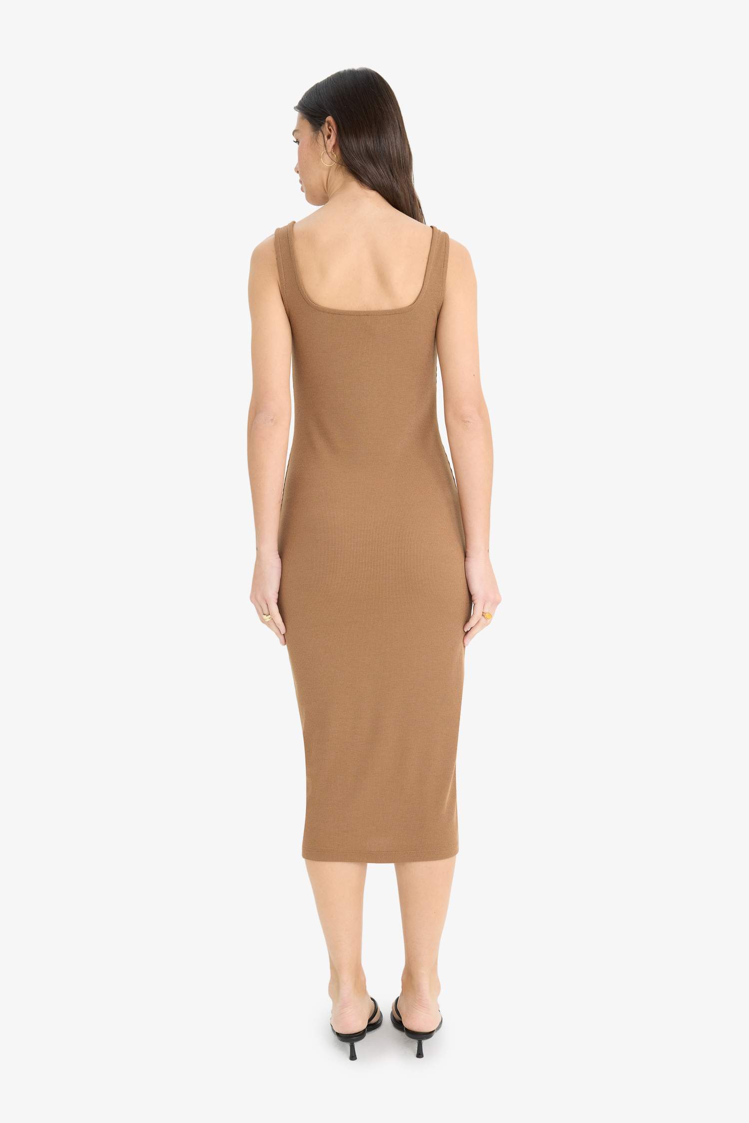 Bodycon Square Neck Basic Plain Ribbed Camisole Strappy Midi Black Summer Dress