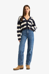 Regular Fit V-Neck Striped Buttoned Knit Cardigan