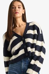 Regular Fit V-Neck Striped Buttoned Knit Cardigan