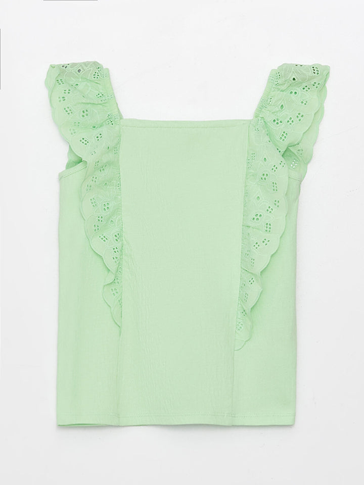 Square Neck Scalloped Detailed Girls Blouse