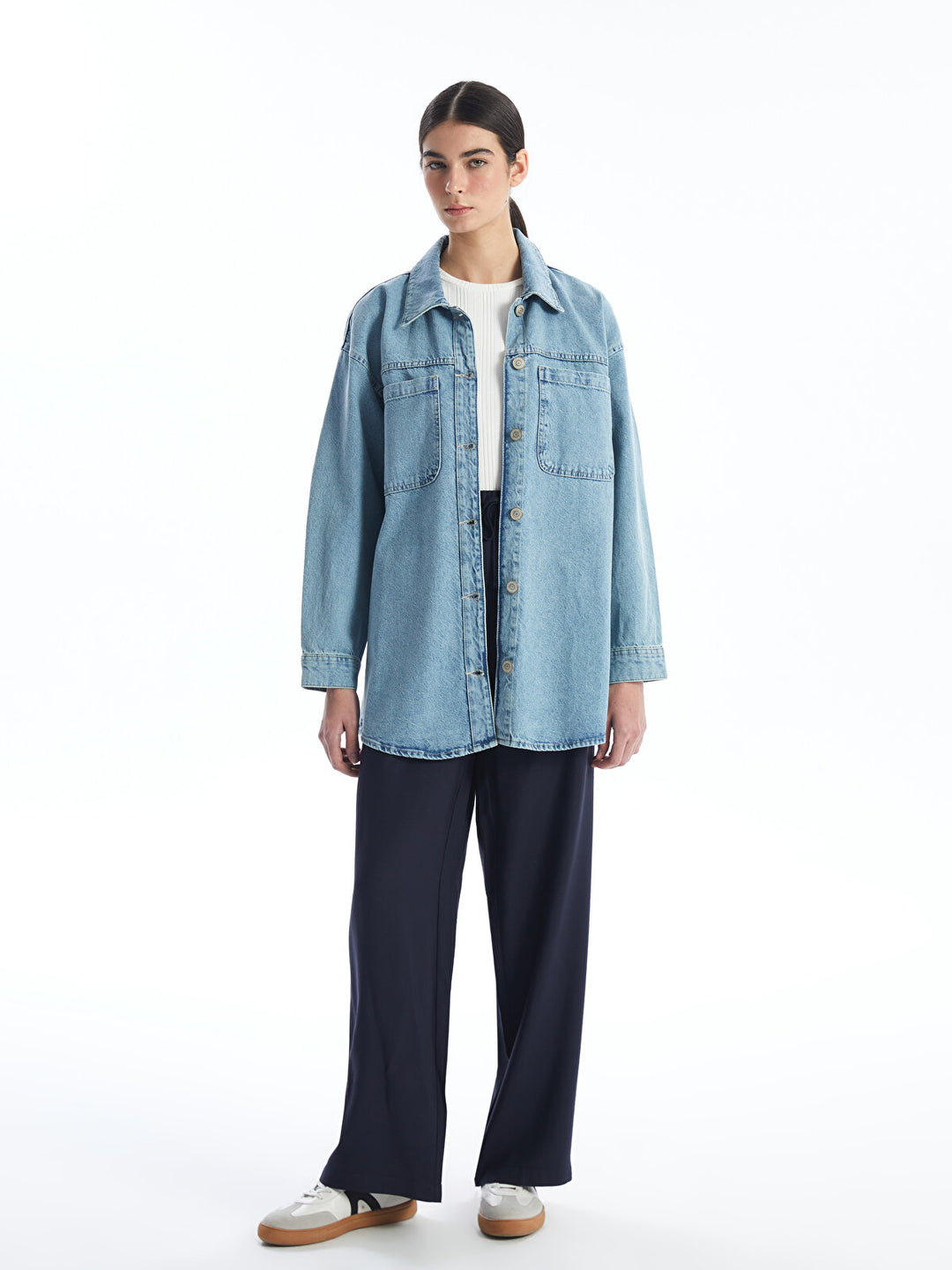 Shirt Collar Plain Long Sleeve Women Jean Jacket