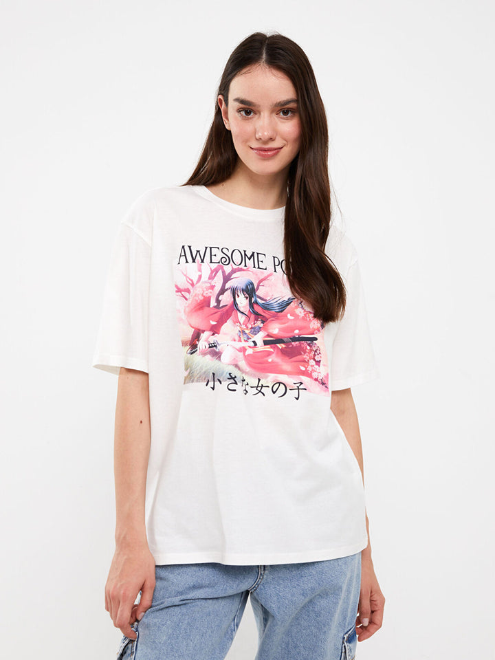 LCW Casual Crew Neck Printed Short Sleeve Oversized T-Shirt
