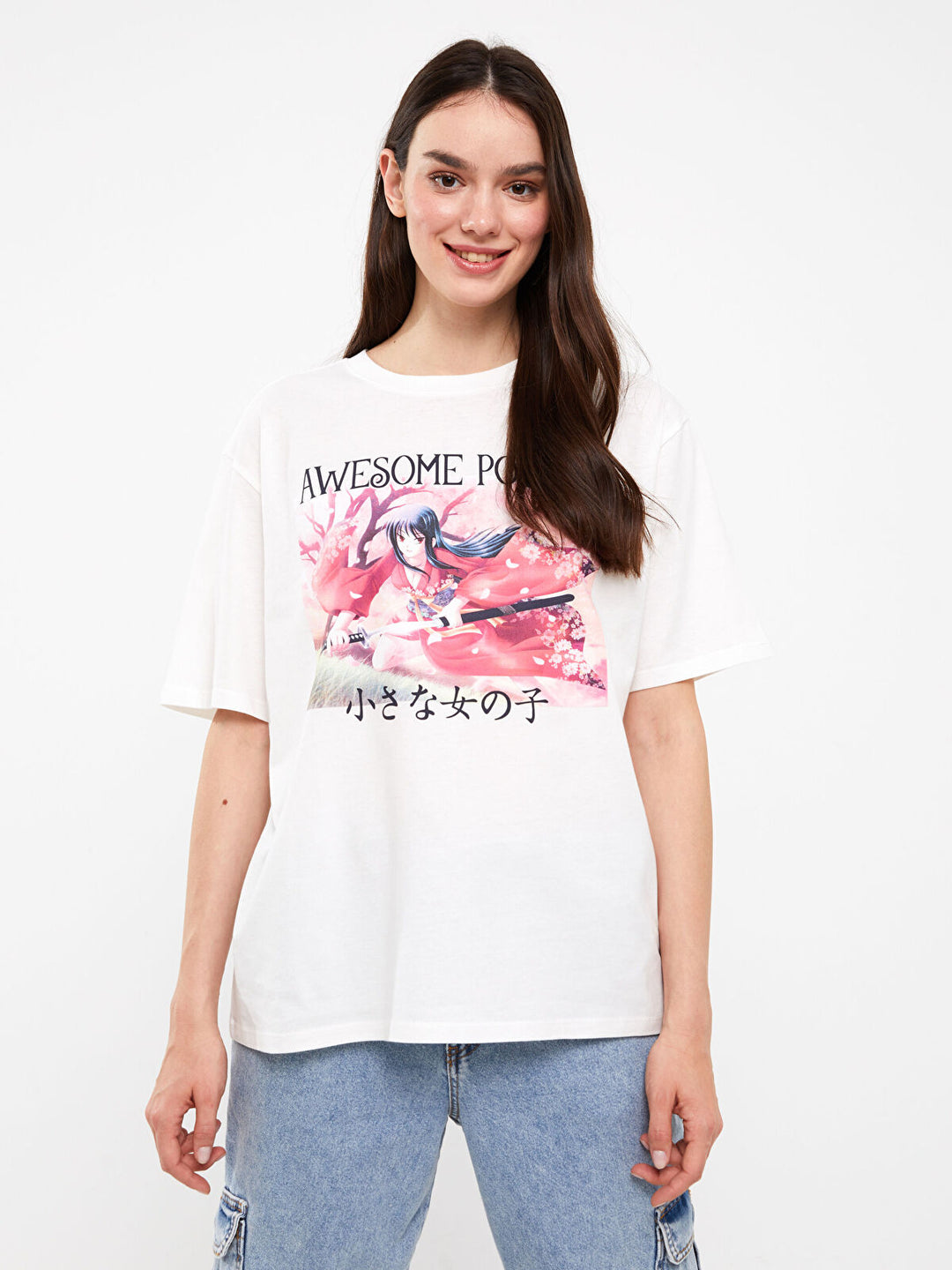 LCW Casual Crew Neck Printed Short Sleeve Oversized T-Shirt