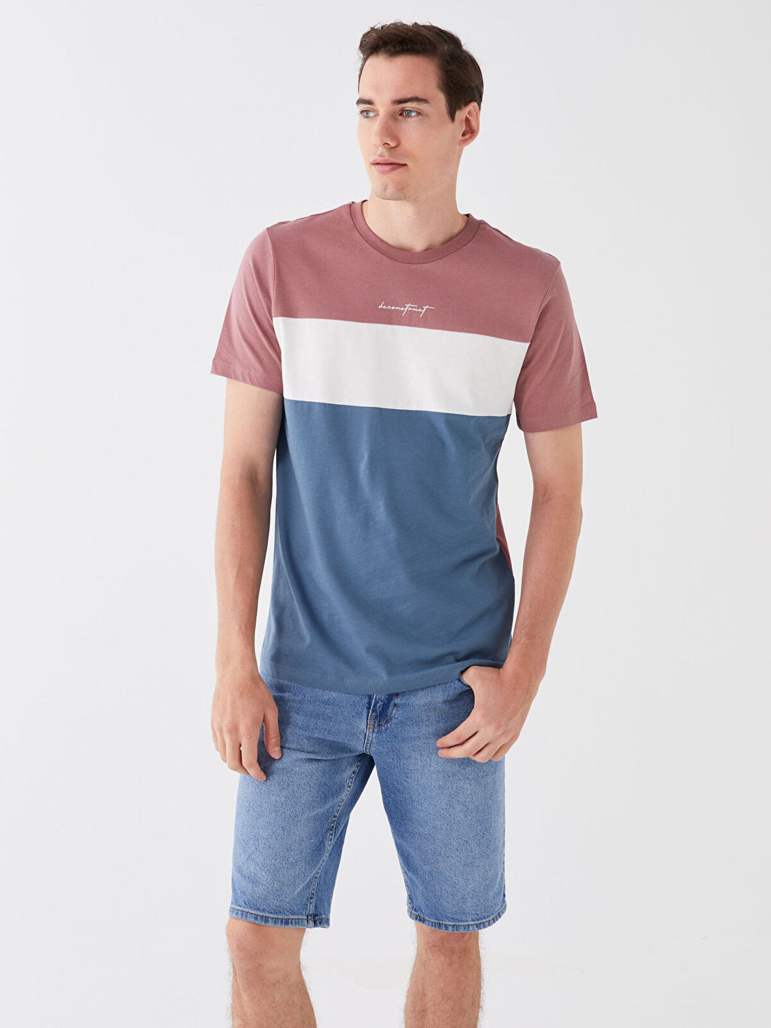 LCW Casual Crew Neck Short Sleeve Combed Cotton Men T-shirt with Color Block