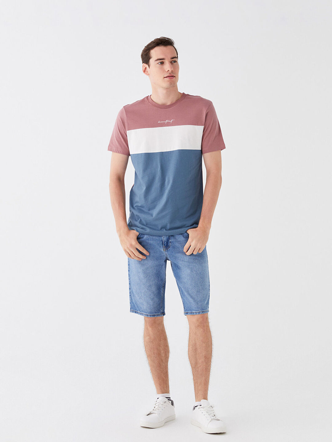 LCW Casual Crew Neck Short Sleeve Combed Cotton Men T-shirt with Color Block