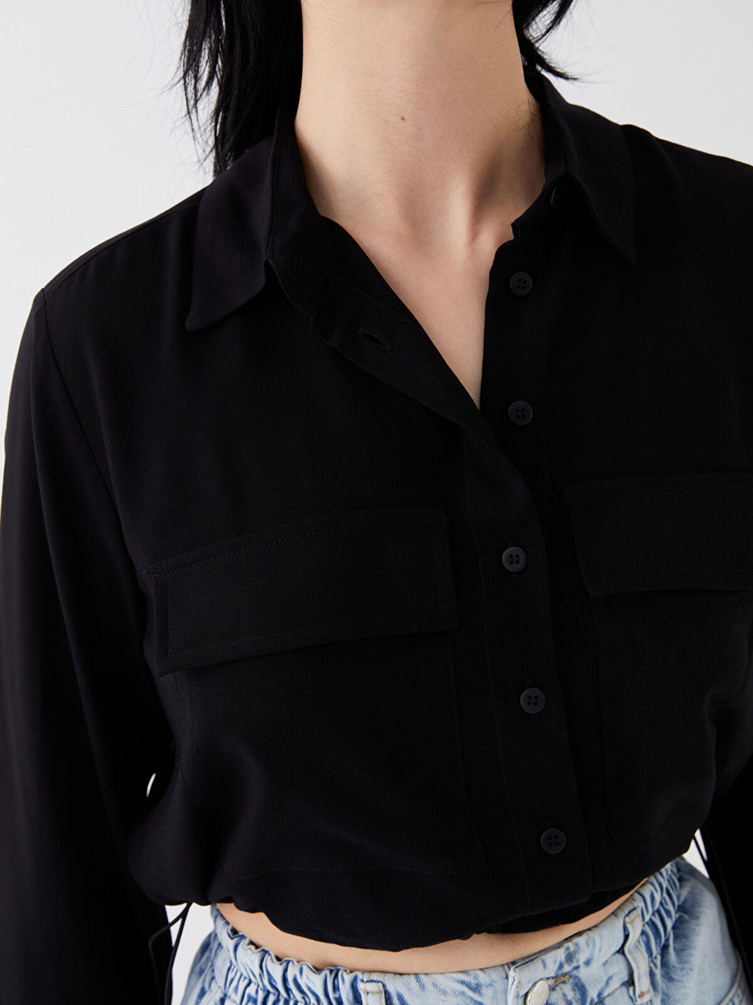 LCW Casual Plain Long Sleeve Crop Poplin Women's Shirt