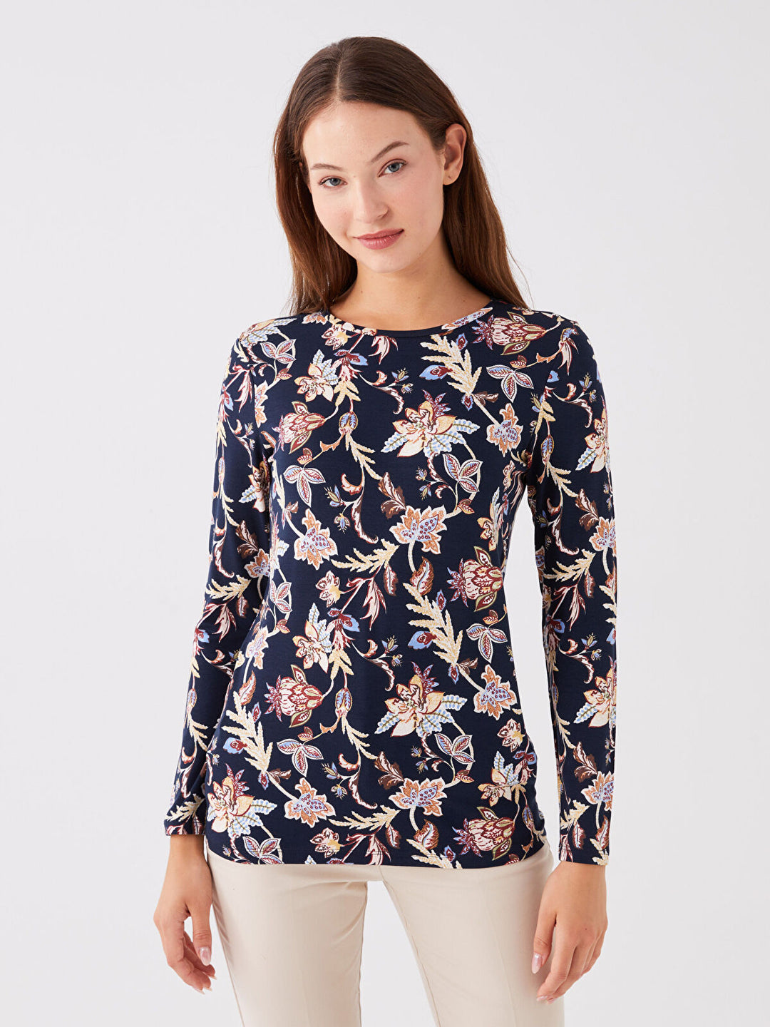 LCWAIKIKI Classic Crew Neck Floral Long Sleeve Women's Blouse