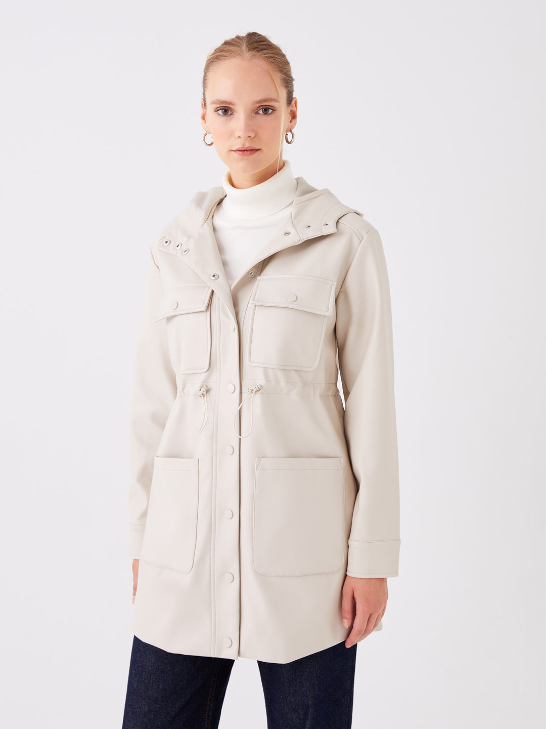 Lcw Modest Women Hooded Plain Leather Look Raincoat
