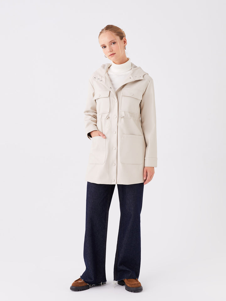Lcw Modest Women Hooded Plain Leather Look Raincoat