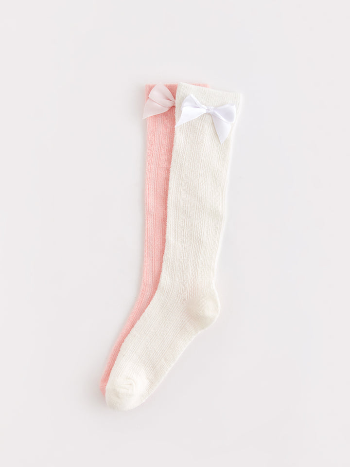 Bow Detailed Girls Knee Socks, 2 Pack