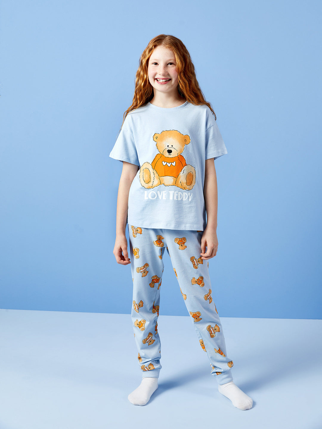 Crew Neck Printed Short Sleeve Girls Pajama Set