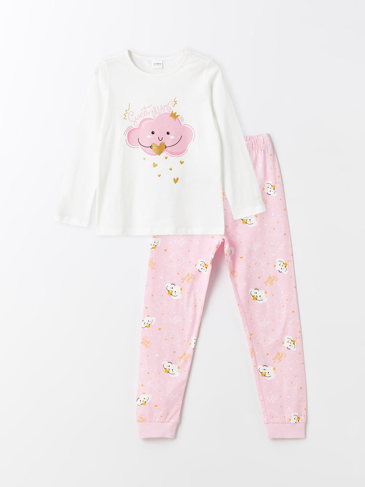 Crew Neck Printed Long Sleeve Girls Pajama Set