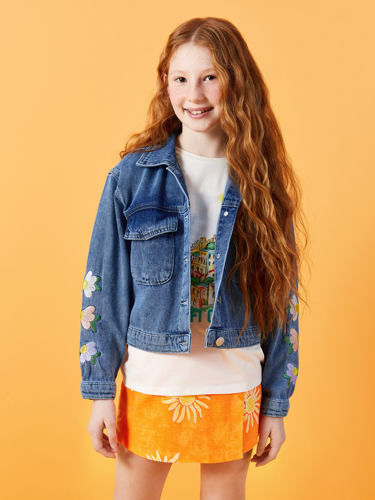 Shirt Collar Embroidered Girls Jean Jacket
