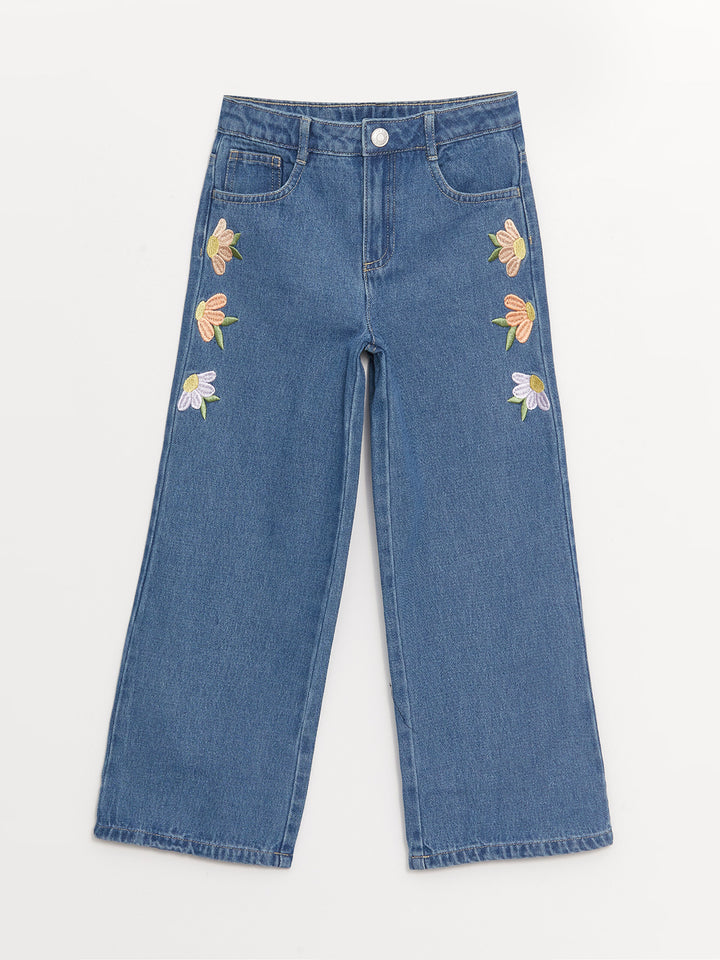 Wideleg Embroidered Girls Jean Trousers