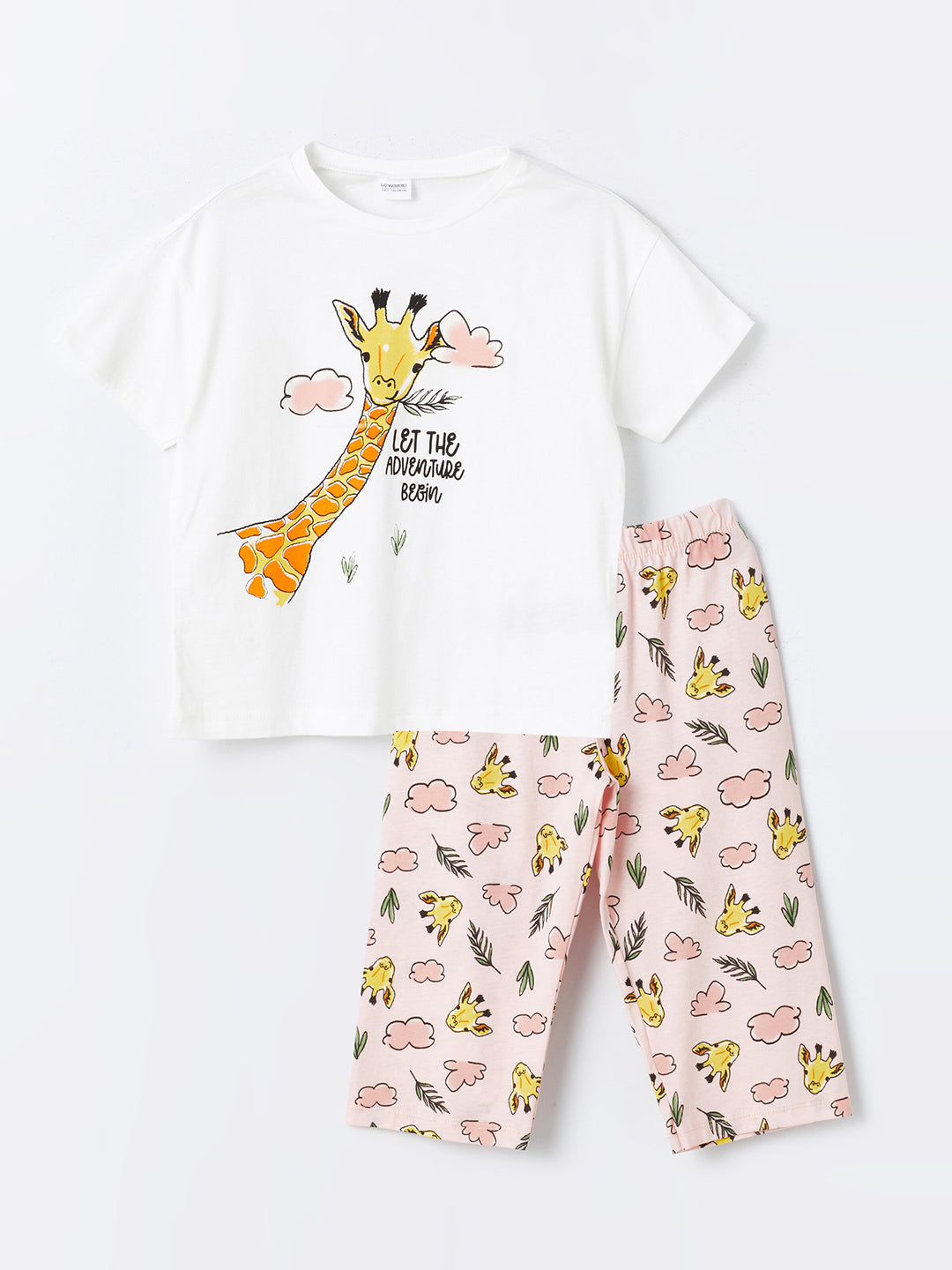 Crew Neck Printed Short Sleeve Girls Pajama Set