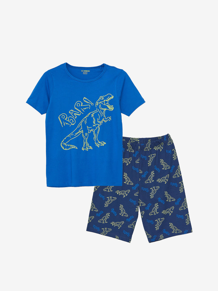 Crew Neck Printed Short Sleeve Boys Pajama Set With Shorts